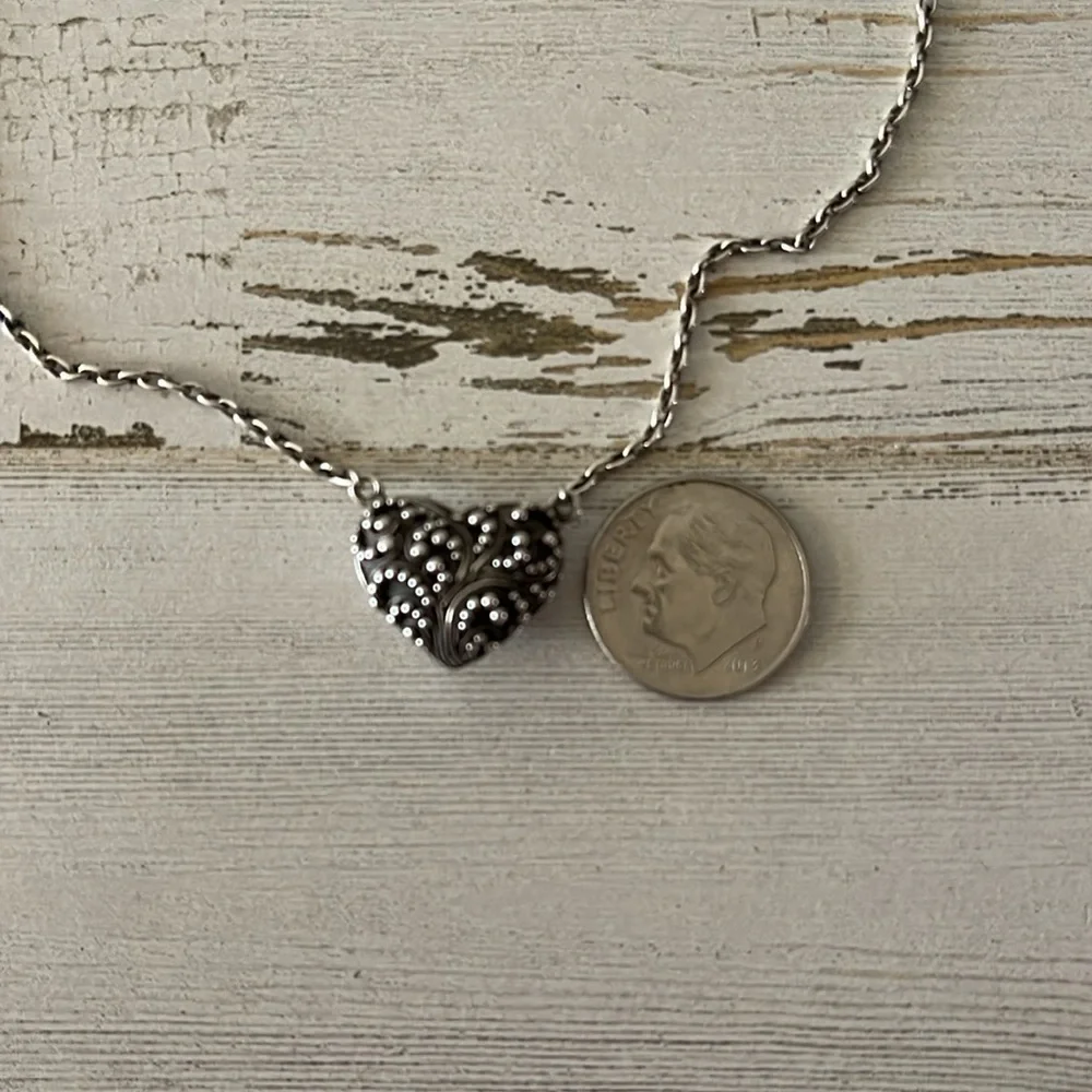 Lois Hill Sterling Silver Granulated Filigree Puffed Heart Necklace 925